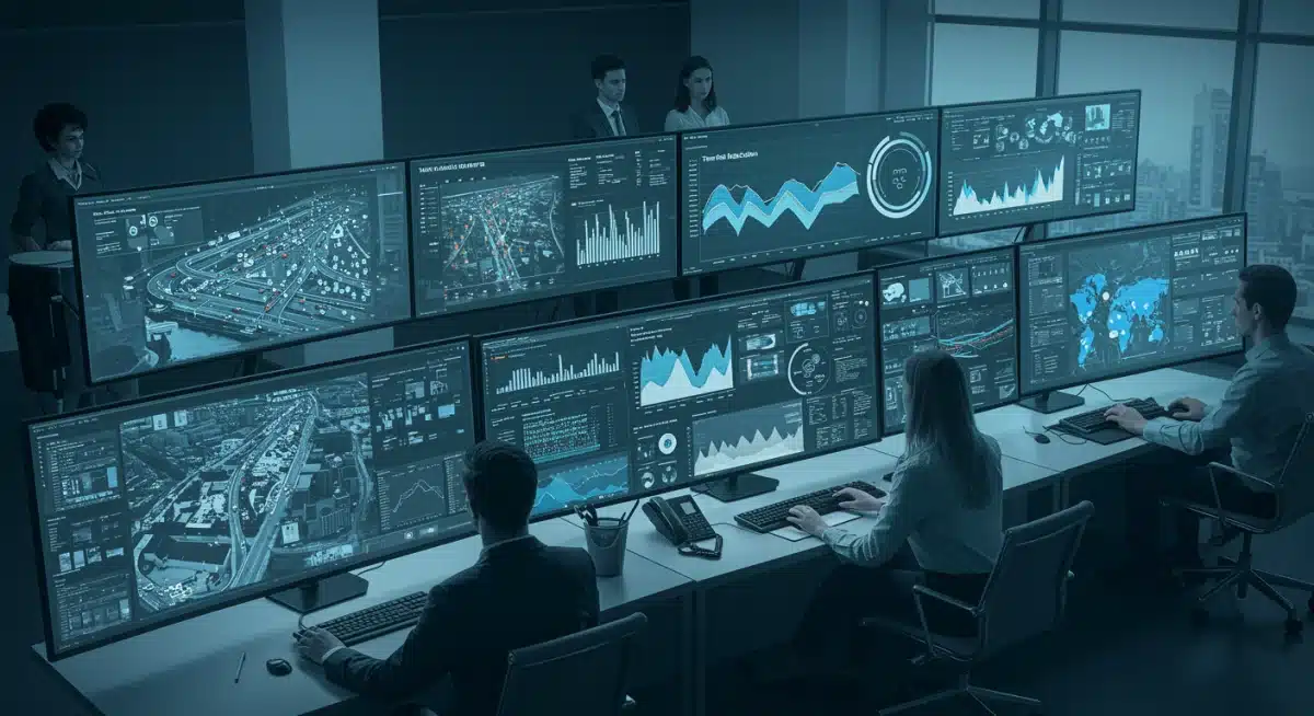 Smart city control center monitoring real-time urban data for traffic, energy, and waste management.