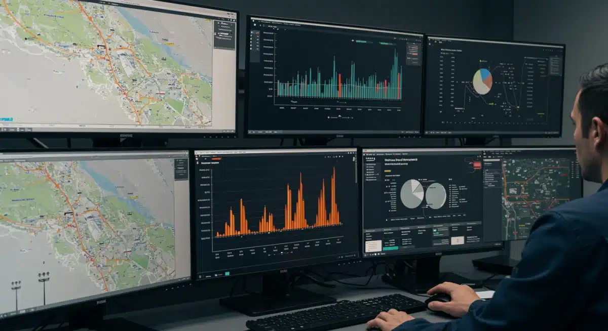 Centralized control room dashboard monitoring smart street lighting network data for energy management.