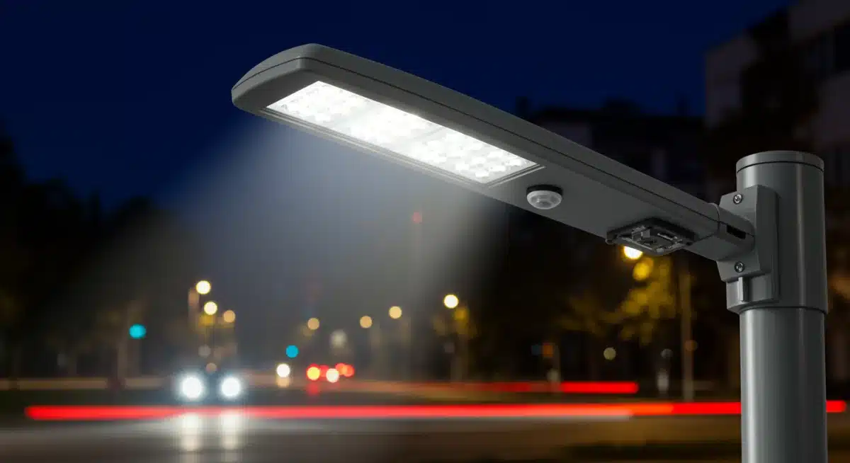 Close-up of a smart street light with integrated sensors, demonstrating advanced technology for energy efficiency.