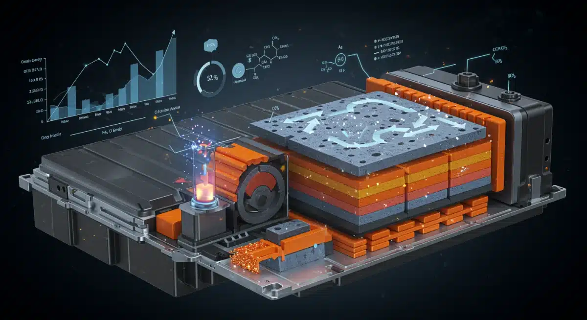 Detailed cutaway of an advanced solid-state EV battery pack demonstrating internal structure.
