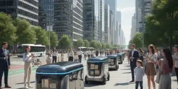 Autonomous delivery robots on a city sidewalk delivering packages in an urban environment.