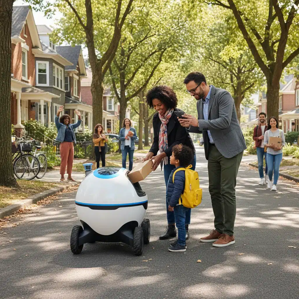 Community interaction with an autonomous delivery robot in a residential area.