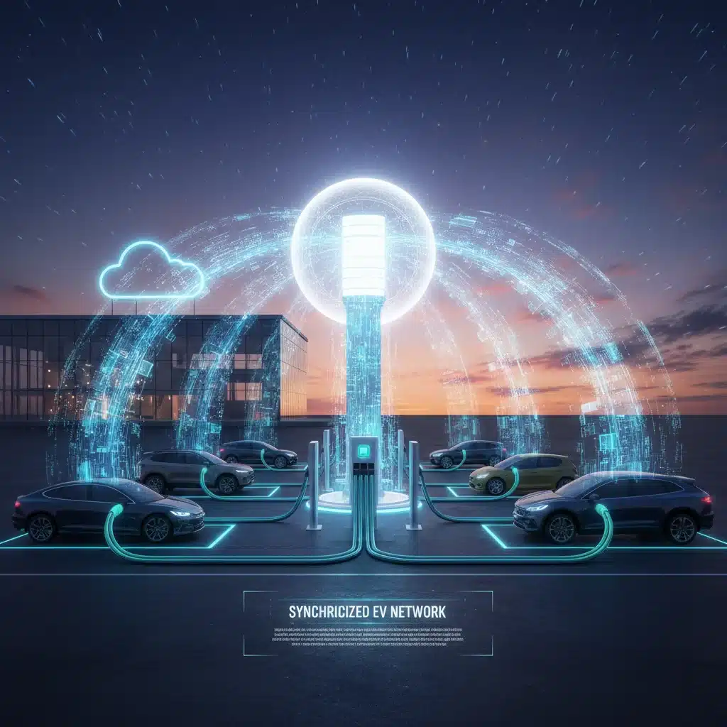 Network of electric vehicles receiving synchronized over-the-air updates at a charging station