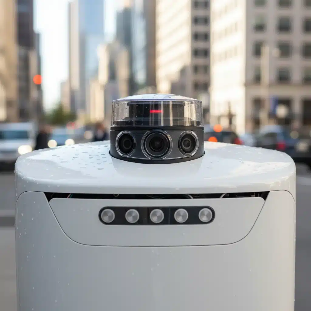 Detailed view of an autonomous delivery robot's advanced sensor technology for navigation.