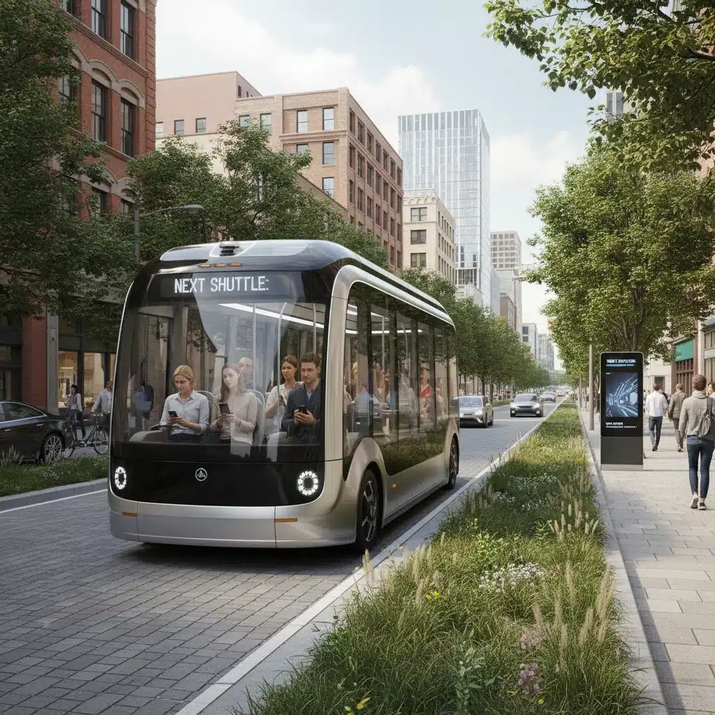 Electric autonomous shuttle bus in urban setting