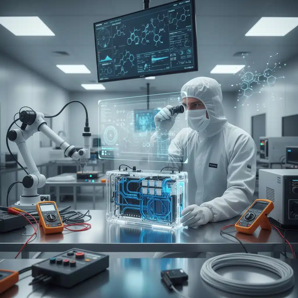 Engineer inspecting liquid-cooled EV battery module in cleanroom.
