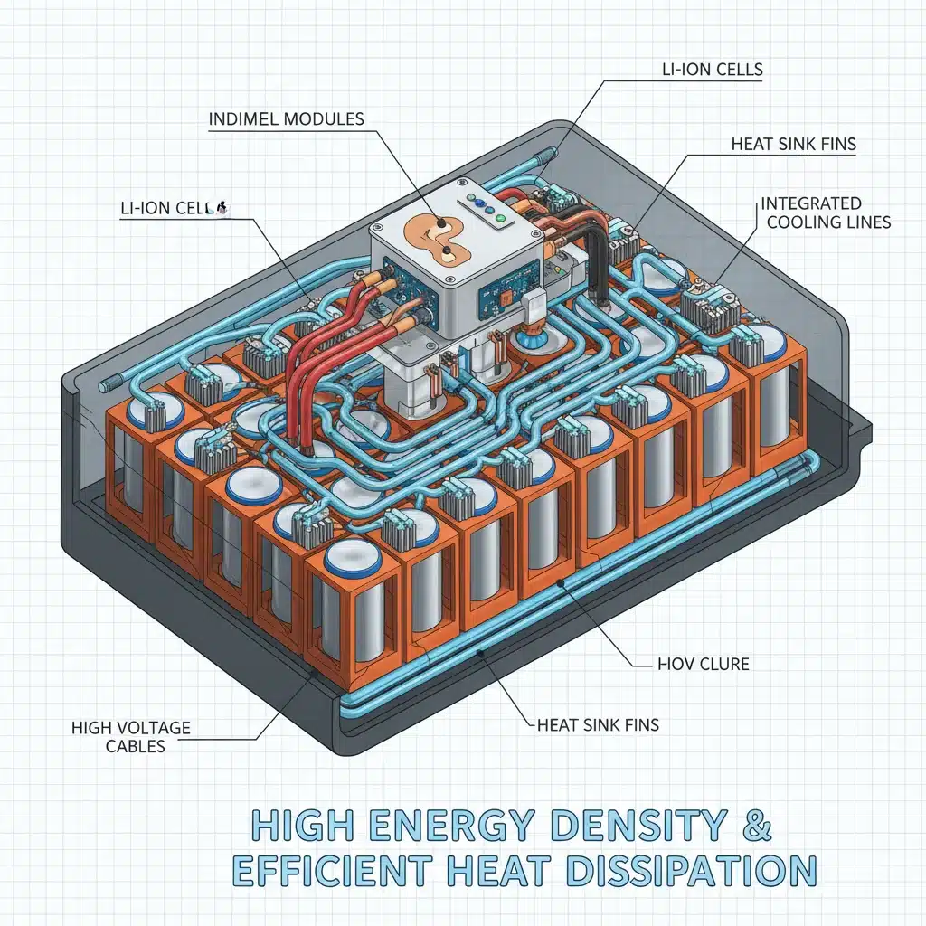 Advanced EV battery pack with thermal management and power electronics diagram.