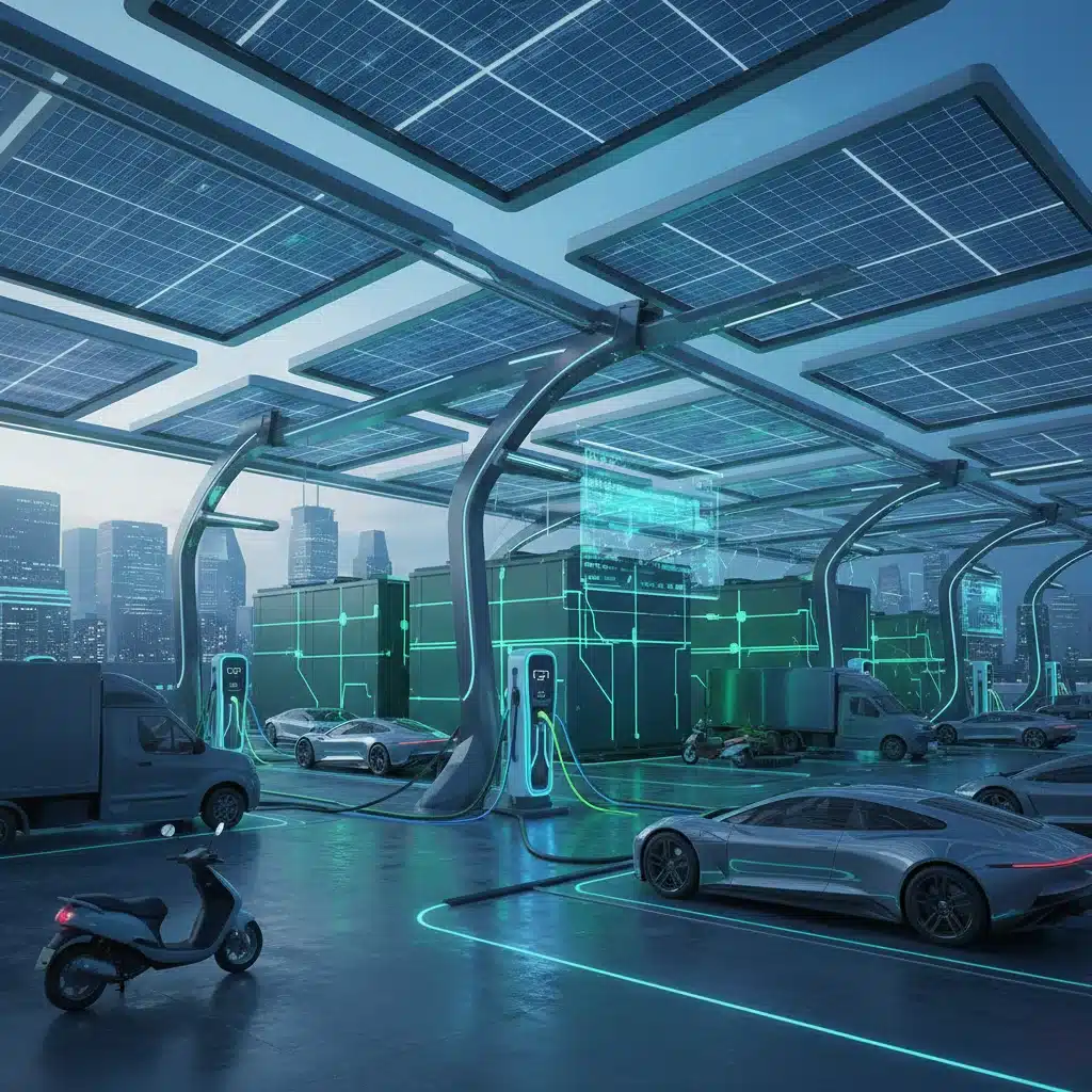 Modern EV charging hub with smart grid integration, solar panels, and battery storage.