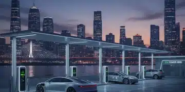 Modern EV charging station with multiple chargers and an electric car