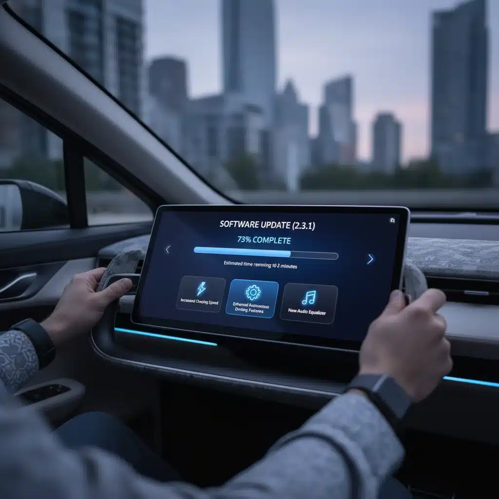 EV dashboard showing software update progress and new feature notifications