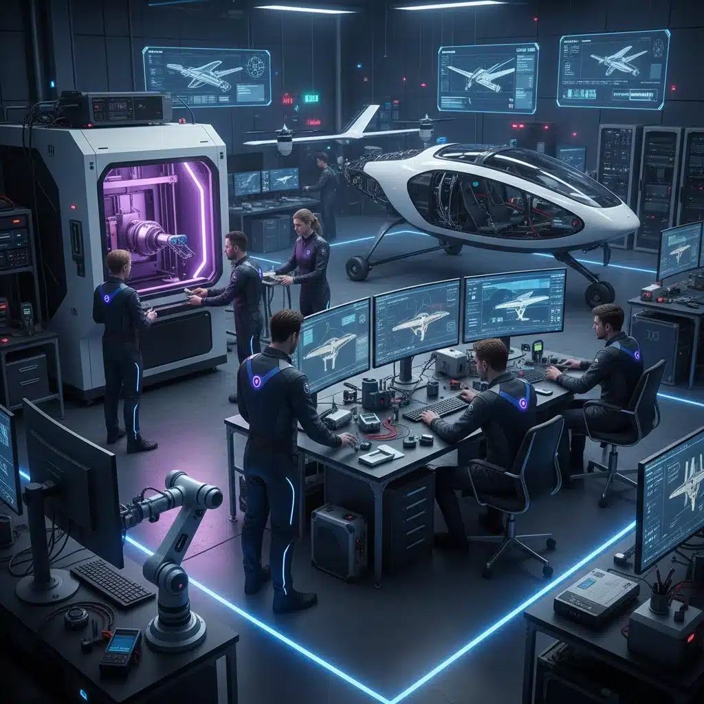 Engineers developing eVTOL aircraft components in a high-tech lab.