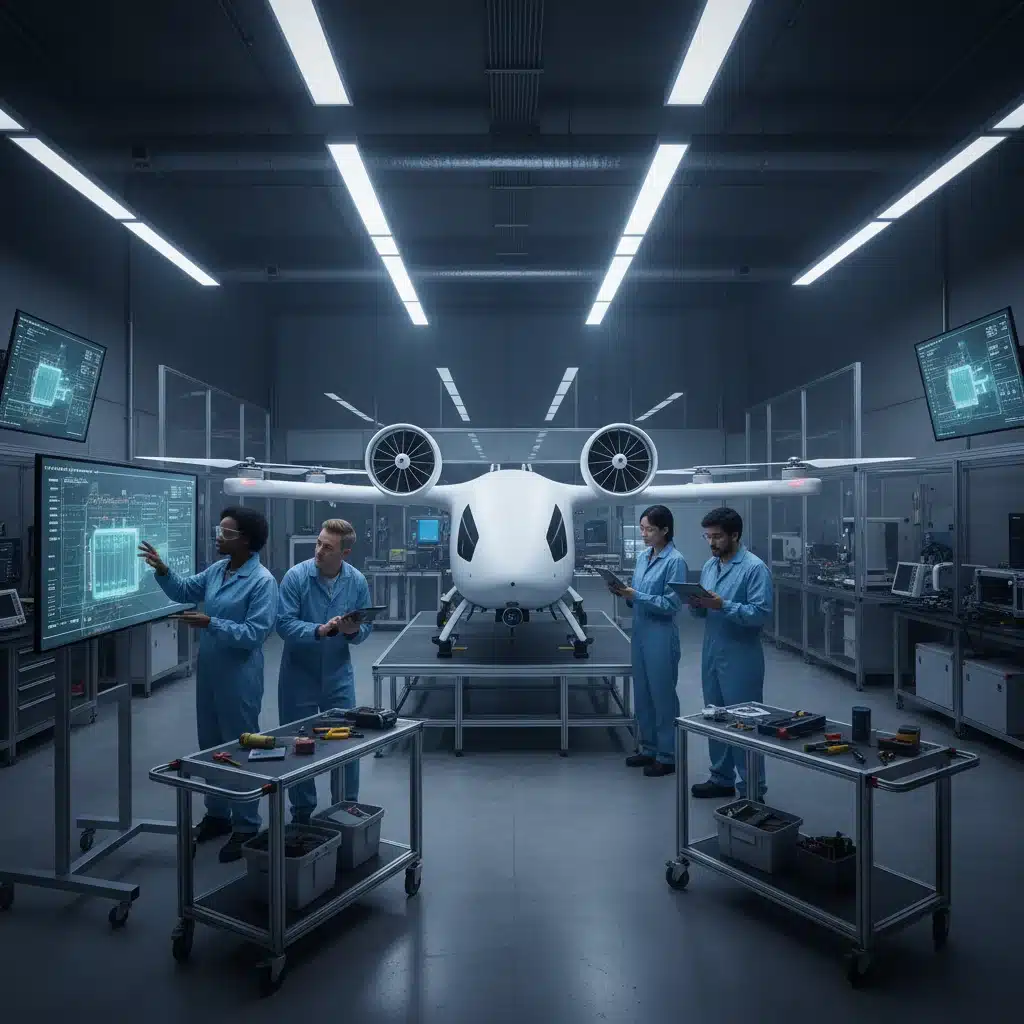 Engineers and technicians working on an eVTOL prototype in a high-tech laboratory, focusing on safety and propulsion.
