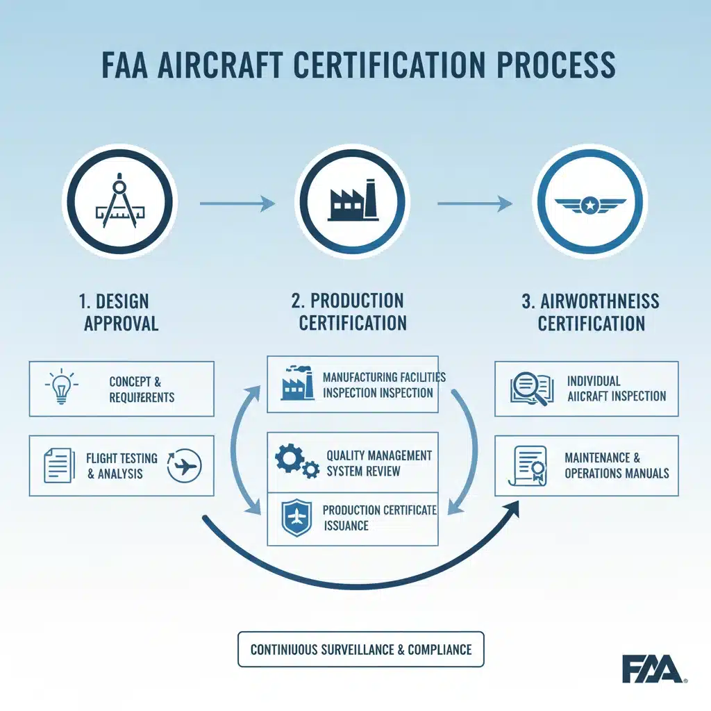 Infographic showing the complex FAA certification process for new aircraft.