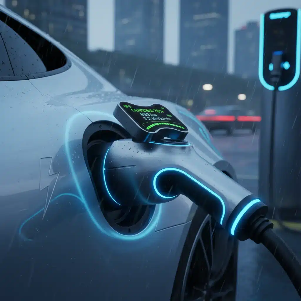 Fast DC EV charger being plugged into an electric vehicle