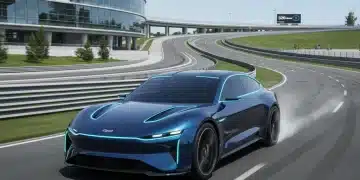Futuristic electric vehicle accelerating on a track, showcasing 2026 EV powertrain innovations.