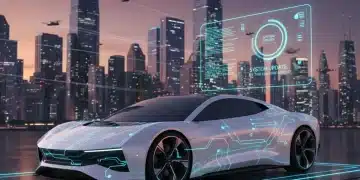 Futuristic electric car receiving an over-the-air software update wirelessly