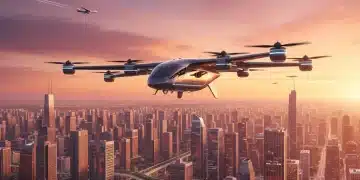 Futuristic eVTOL aircraft hovering above a modern city at sunset, symbolizing urban air mobility innovation.