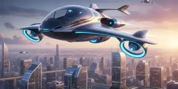 Futuristic flying car hovering over a modern city at sunset, symbolizing urban air mobility innovation.
