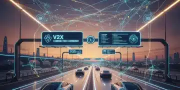 Futuristic US highway with connected vehicles and smart infrastructure showcasing V2X communication