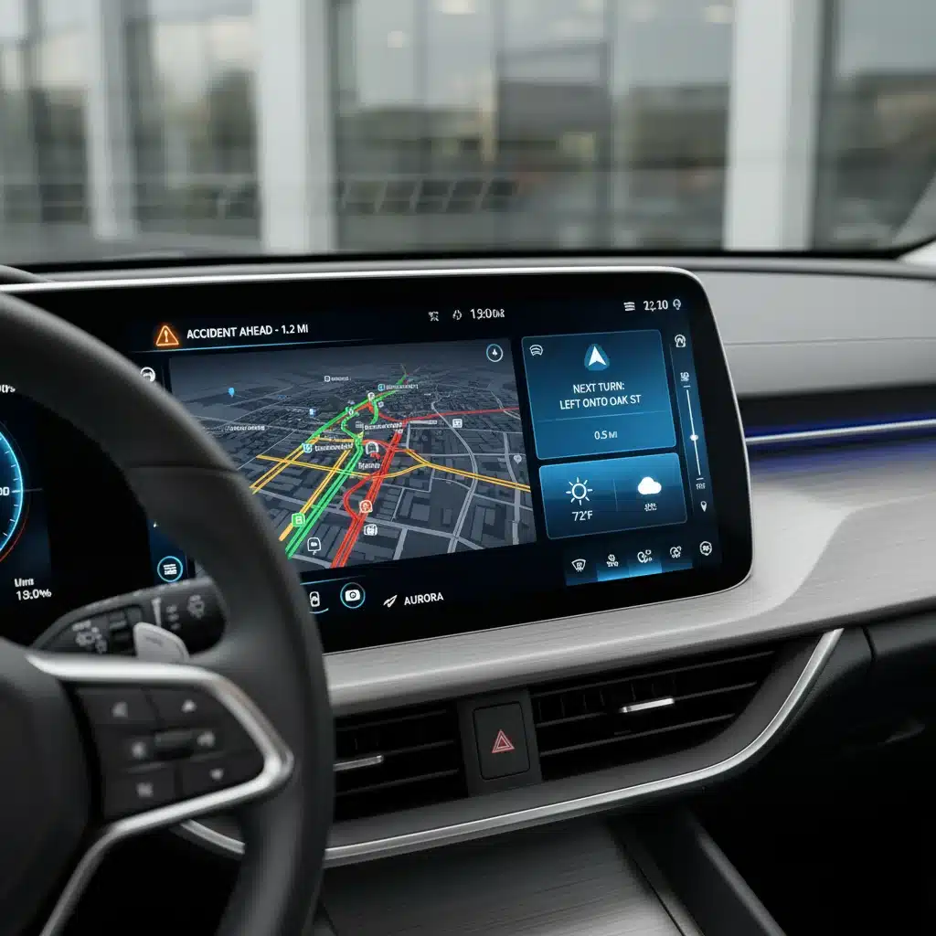 In-car display showing real-time connected vehicle data and safety alerts