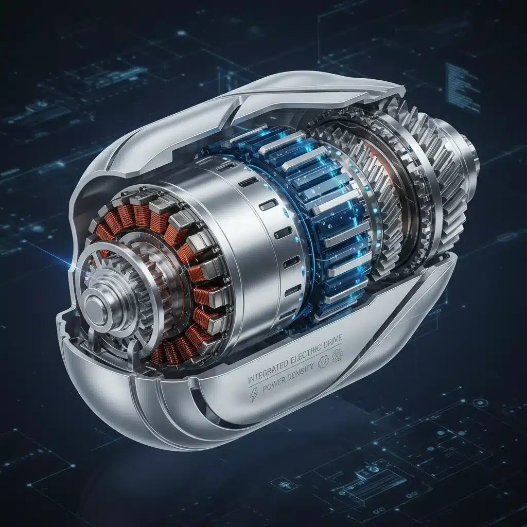Integrated electric drive unit illustration, showing motor, inverter, and gearbox.