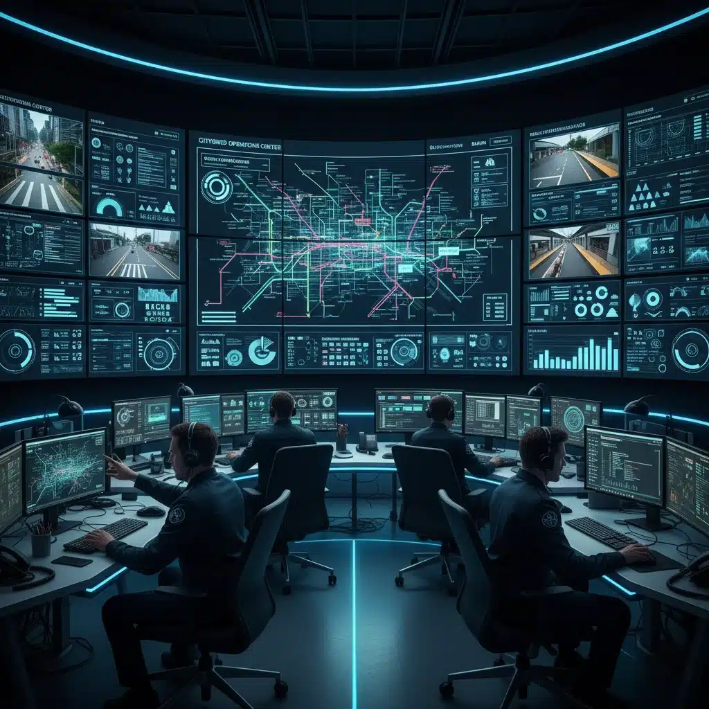 Urban control center monitoring real-time IoT data for public safety and crime prevention