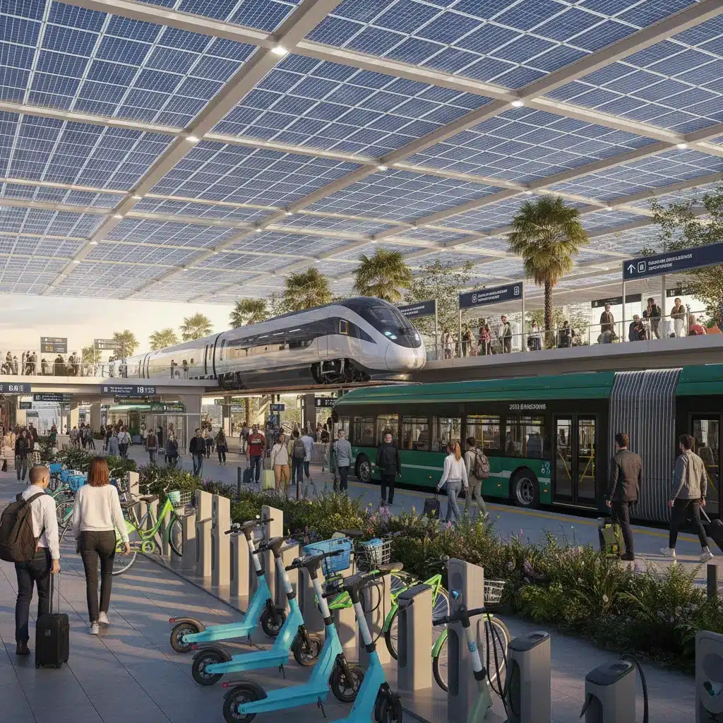 Multi-modal sustainable transit hub with bikes, scooters, trains, and buses