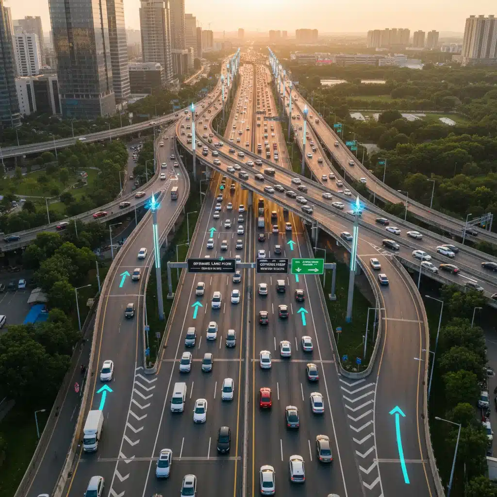 Optimized highway interchange with intelligent traffic signals and dynamic lane management enabled by AI.