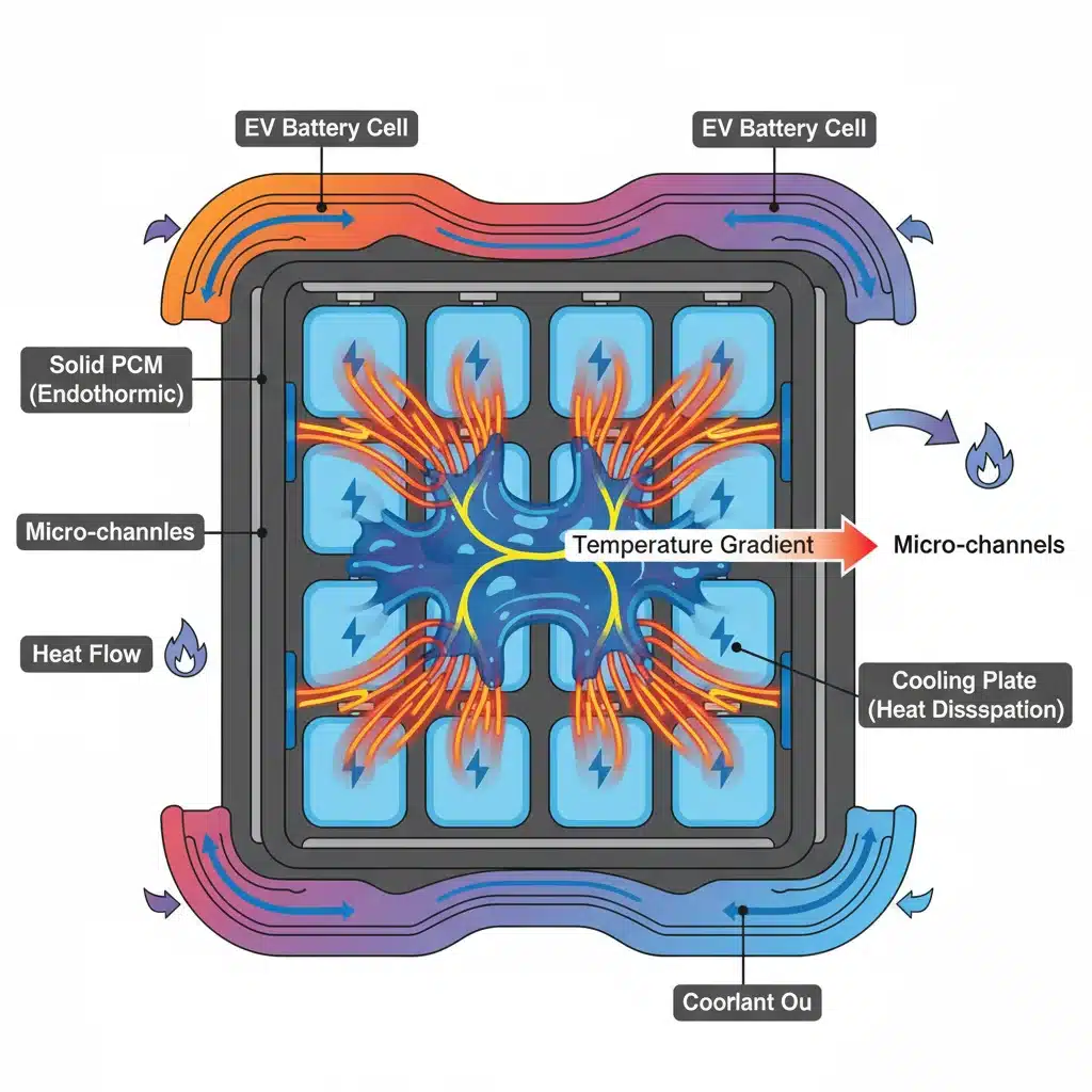 Diagram of phase change material in EV battery thermal management.