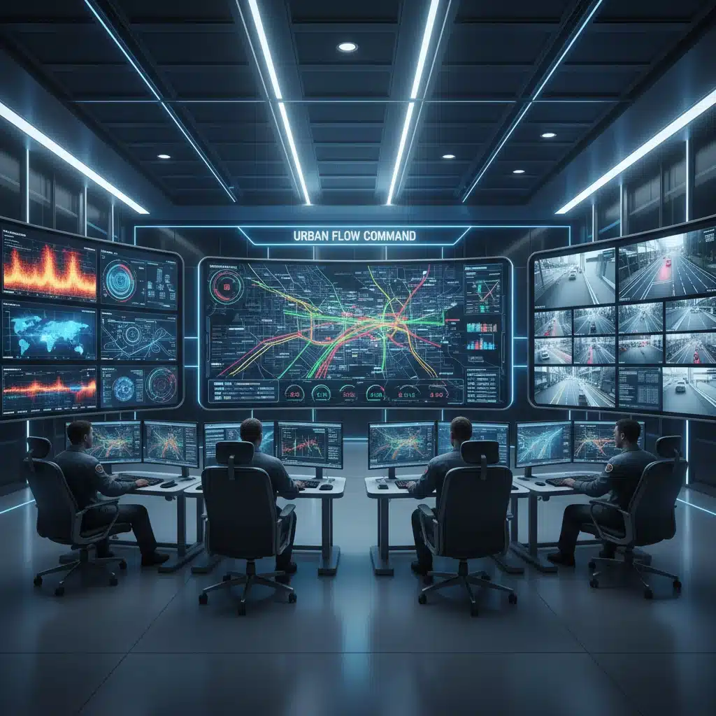 Smart city traffic control center utilizing AI for real-time data analysis and predictive modeling.