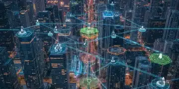 Smart city landscape with integrated IoT sensors and surveillance for public safety and crime reduction