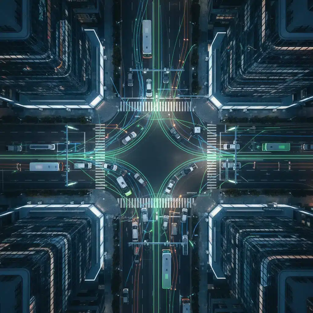 Smart city intersection demonstrating V2X communication between vehicles and infrastructure
