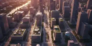 Modern city with smart waste bins and automated collection vehicles