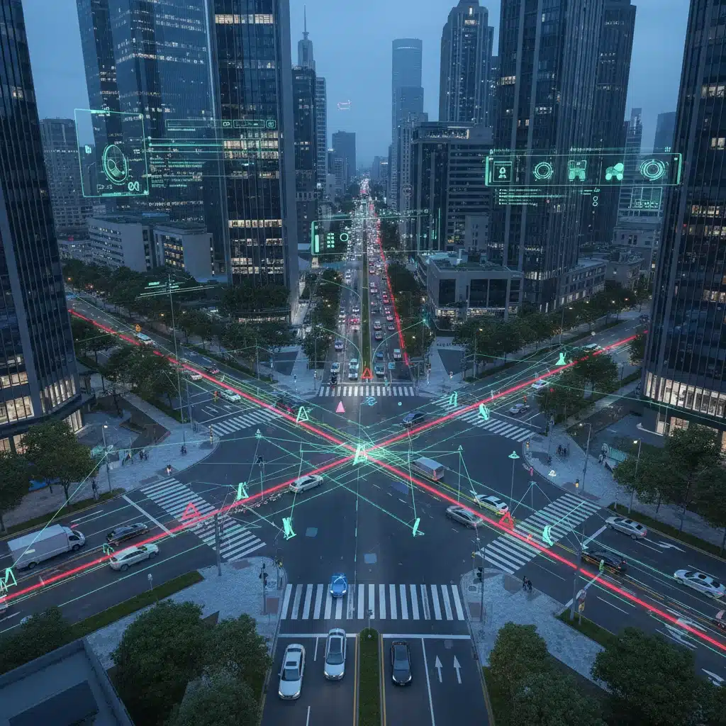Aerial view of a smart urban intersection with V2X communication between vehicles and infrastructure