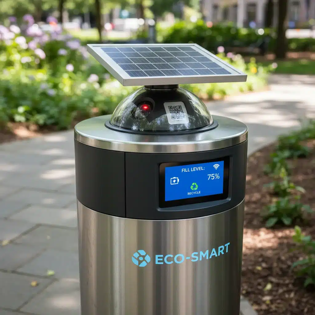 Close-up of smart waste bin with sensors and solar panel
