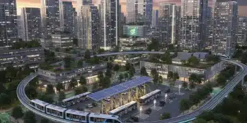 Modern city with electric light rail, bus charging, and bike lanes