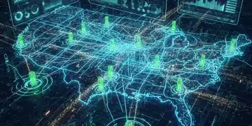 U.S. power grid with integrated EV charging stations and data analytics, illustrating smart energy management.