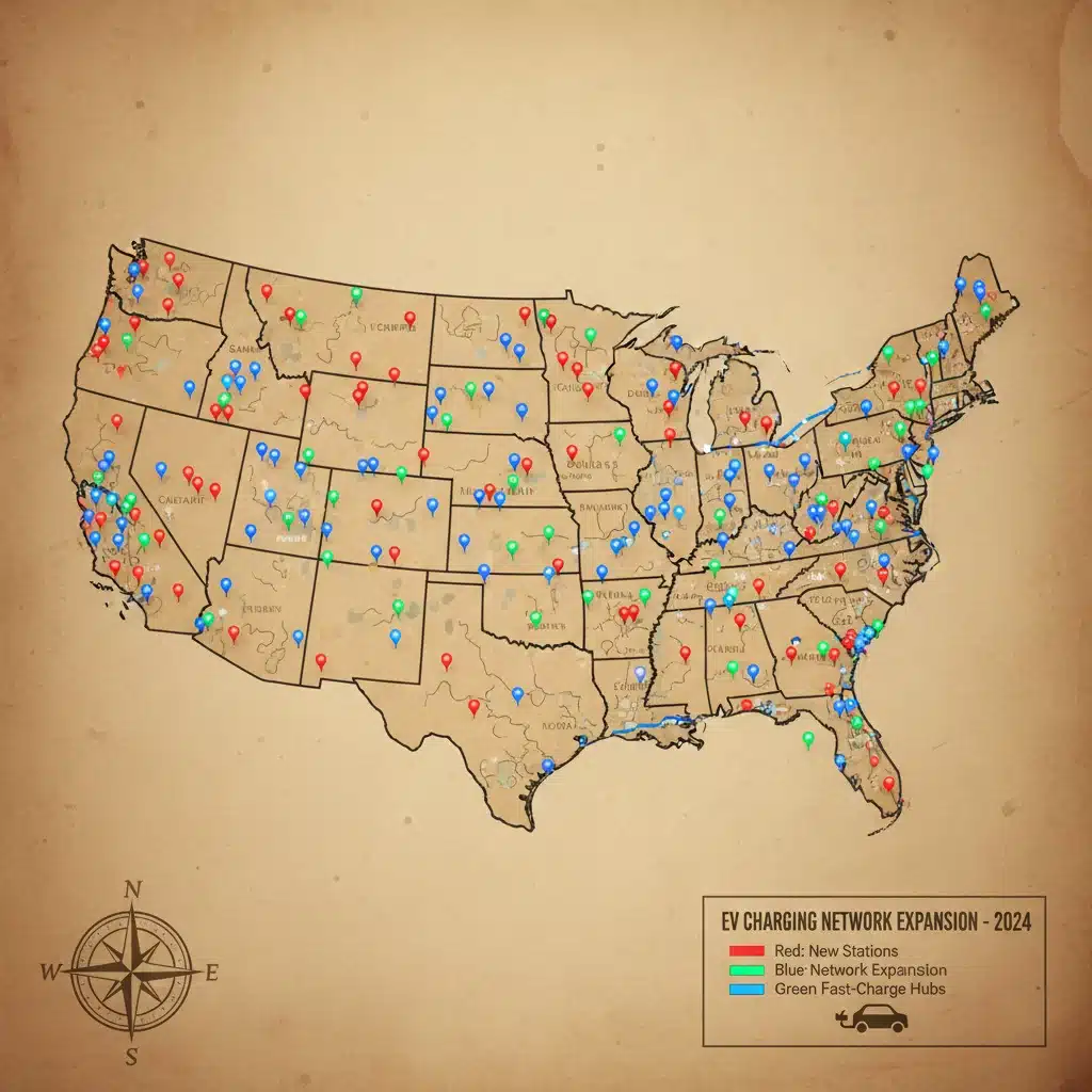 U.S. map showing new EV charging station locations and network growth