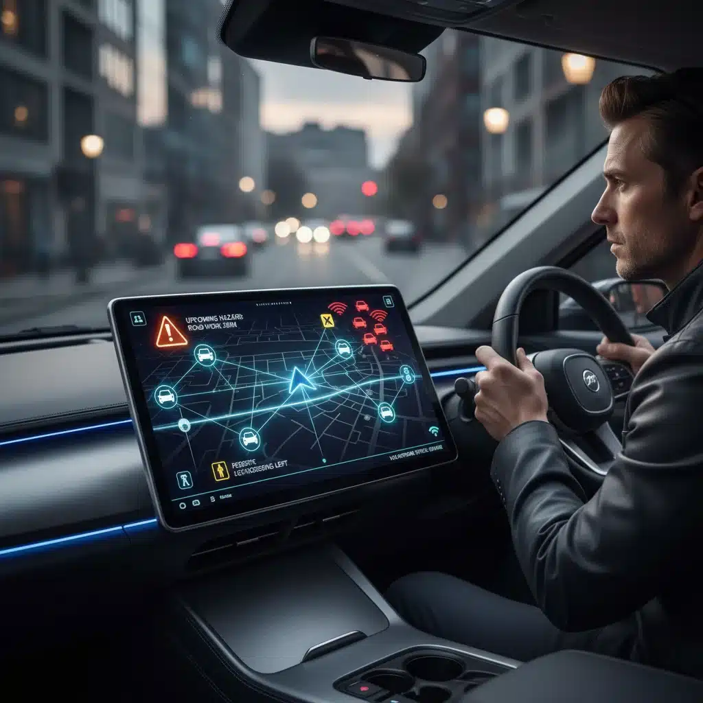 Vehicle dashboard displaying real-time V2X communication data and safety alerts
