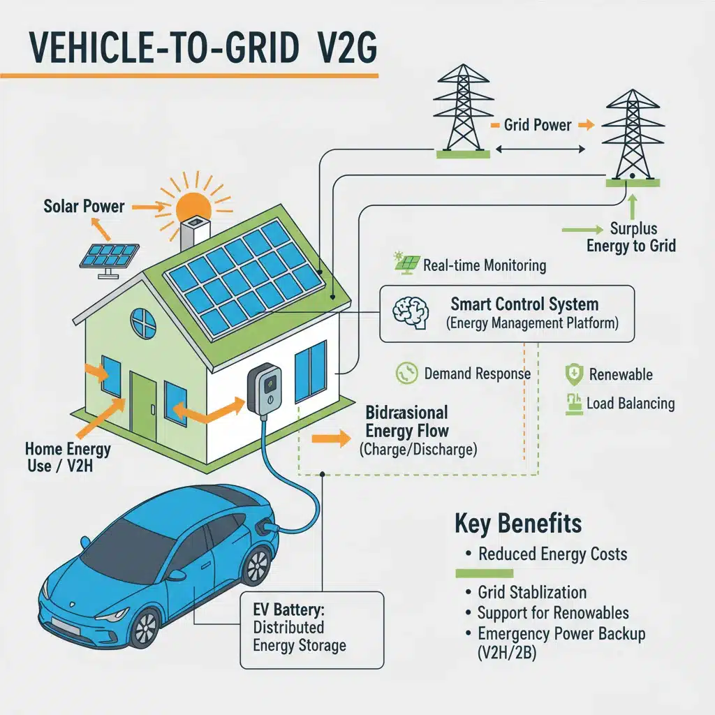 Diagram of Vehicle-to-Grid (V2G) technology demonstrating bidirectional energy flow between EV, home, and grid.