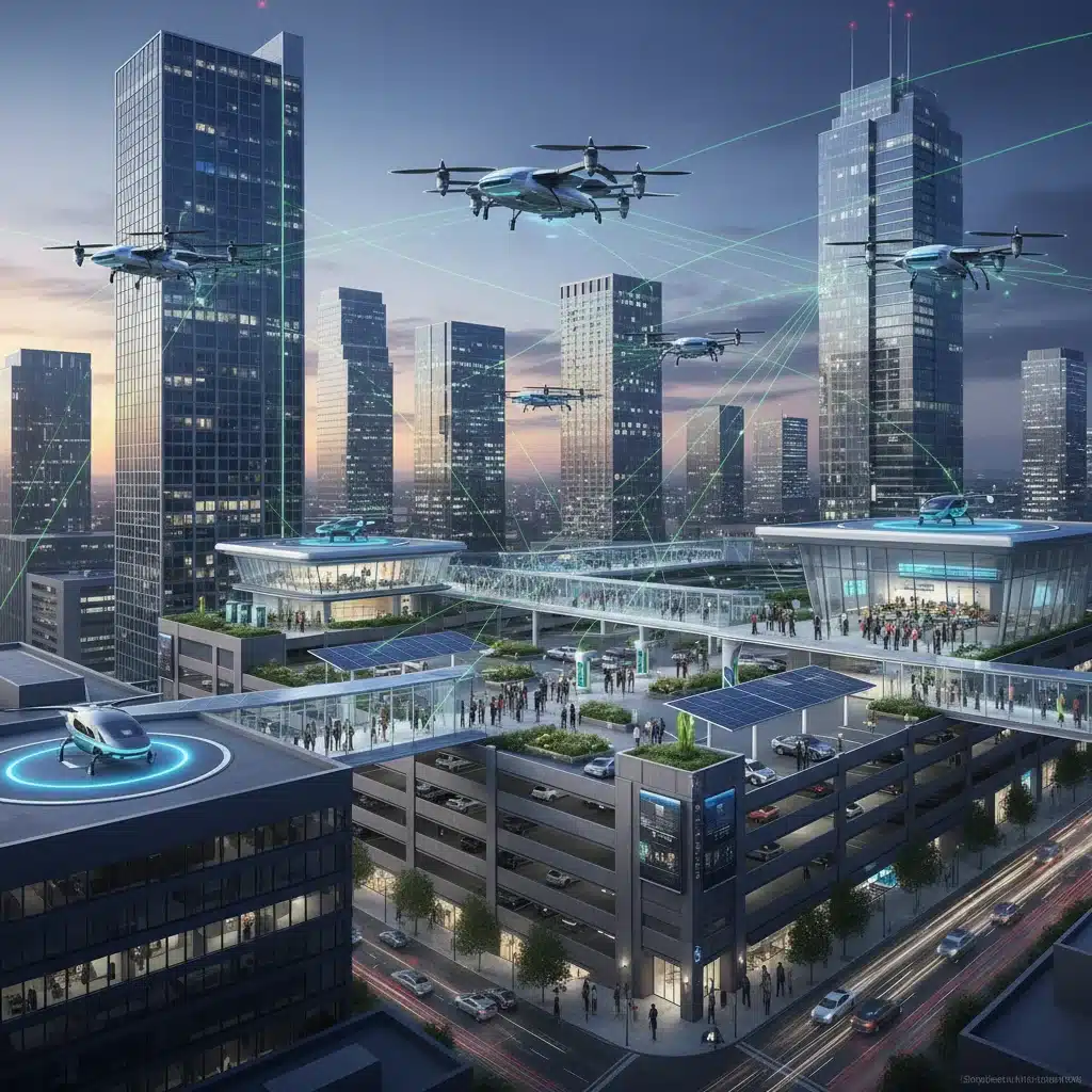 Network of vertiports in a U.S. city, illustrating eVTOL operations and urban integration.