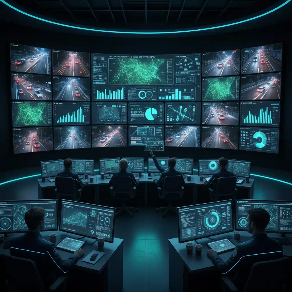 Modern traffic control center with AI-powered monitoring and simulation.