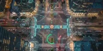 City intersection with AI-optimized traffic flow and digital data overlays.