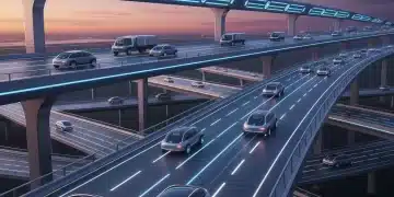 Autonomous vehicles on a futuristic highway at dusk, symbolizing federal regulation and advanced technology.