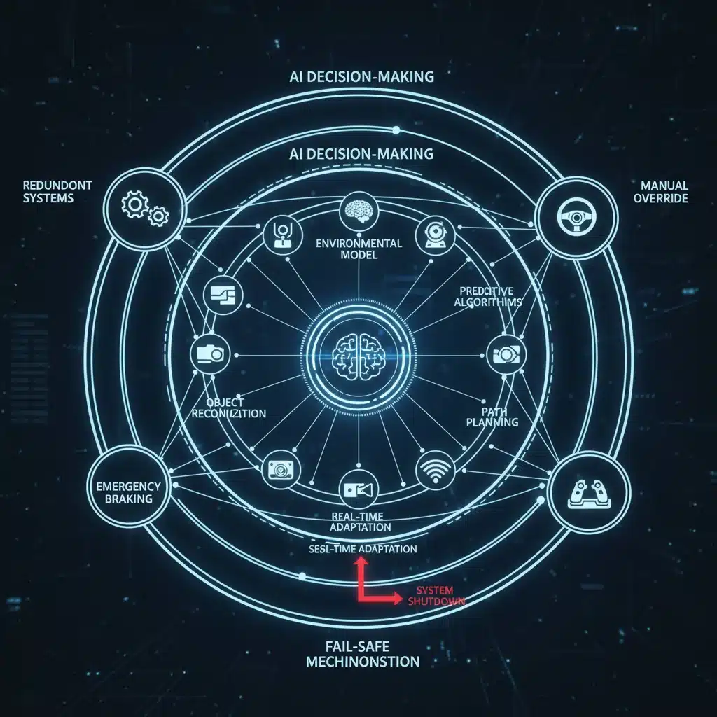 Diagram of autonomous vehicle safety protocols and layered security systems.