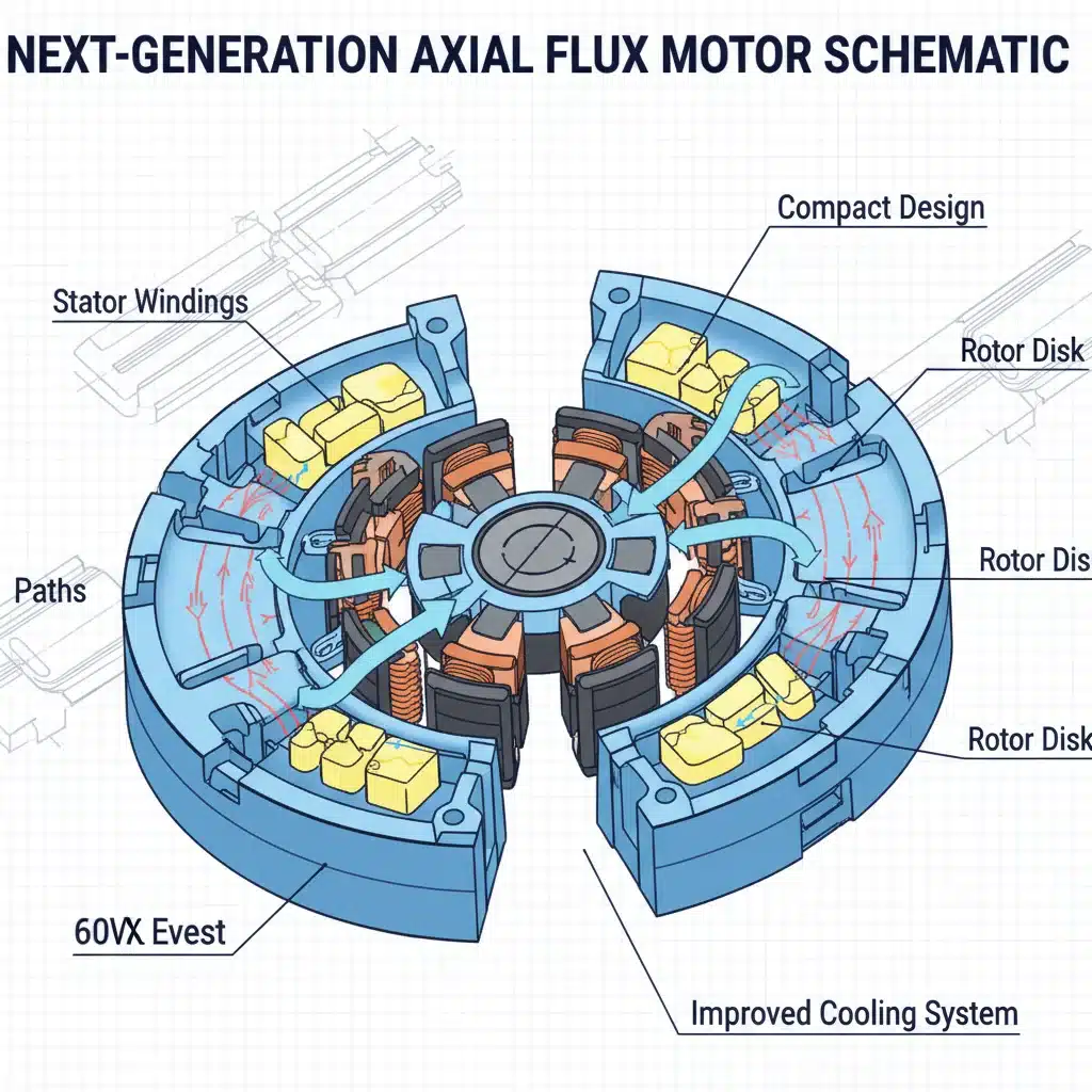 Schematic diagram of an axial flux EV motor with innovative components.