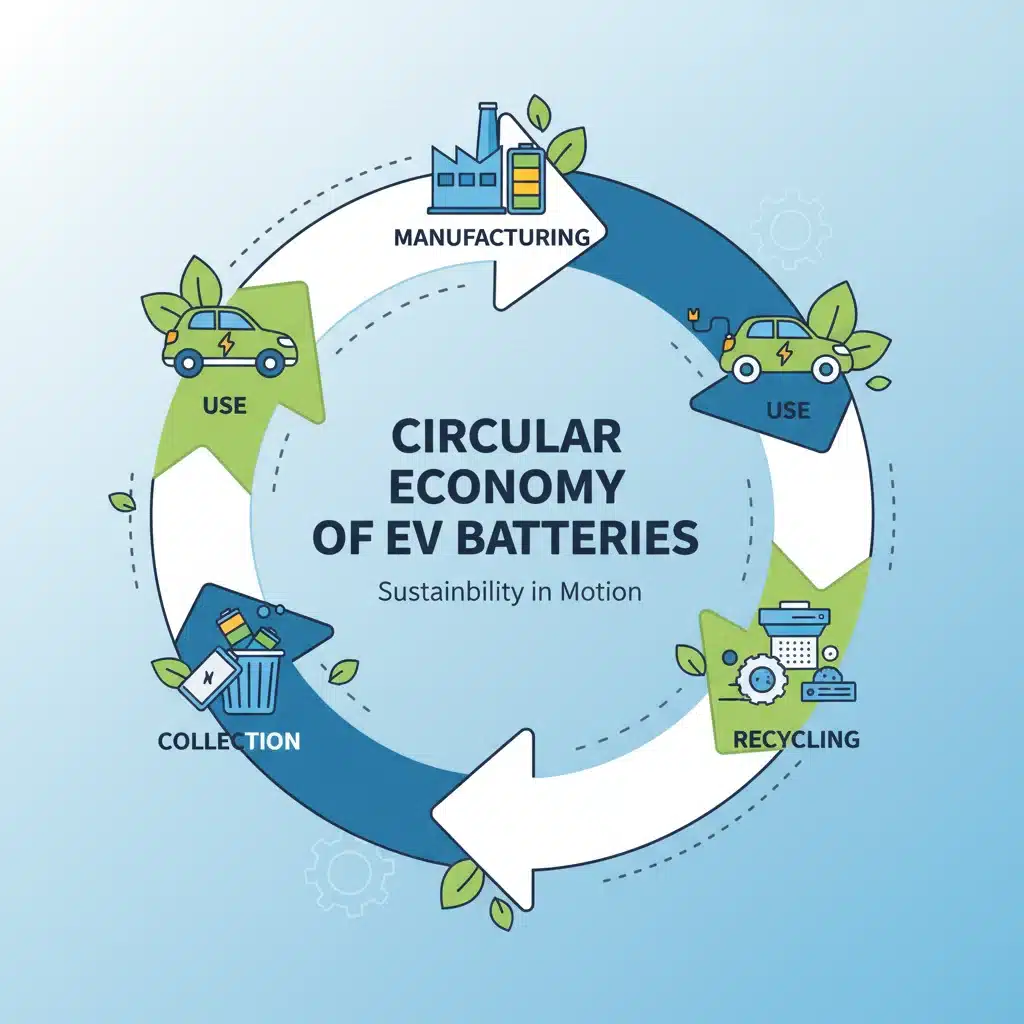Infographic depicting the circular economy model for electric vehicle batteries.