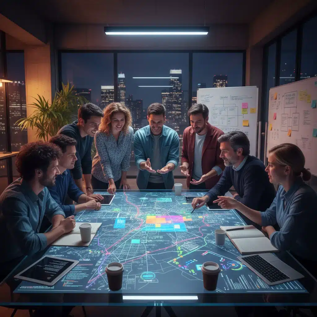 City planners and data scientists analyzing an interactive digital city map for urban development.