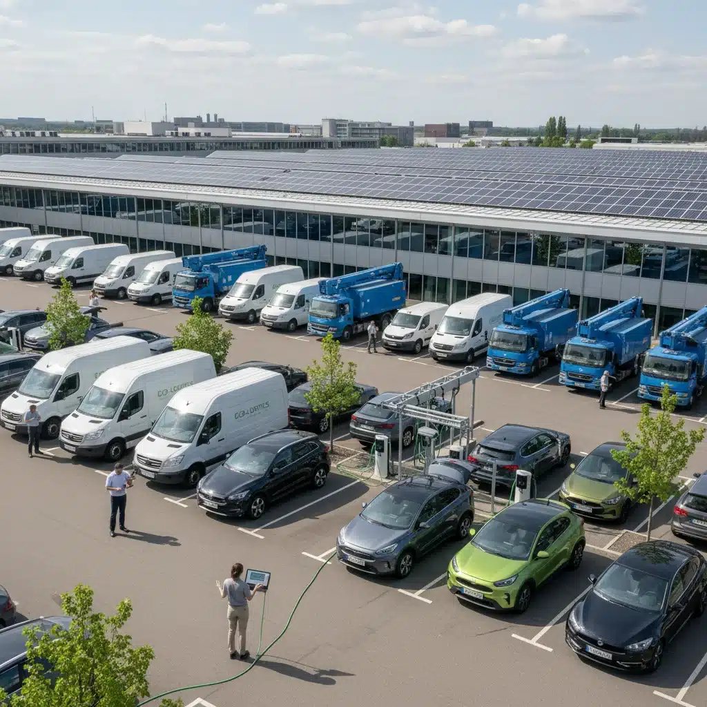 Diverse electric vehicle fleet charging in a company lot with solar panels