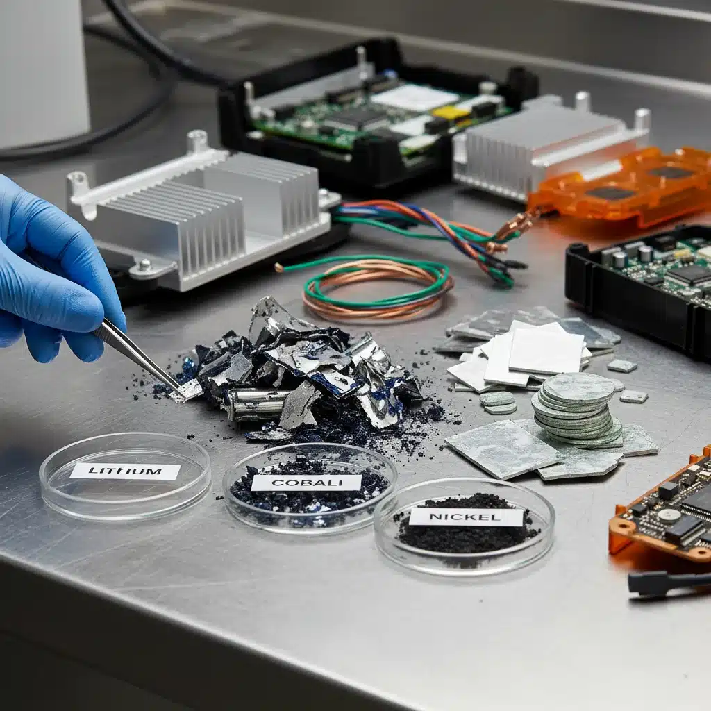 Components of an EV battery pack separated for material recovery and recycling.